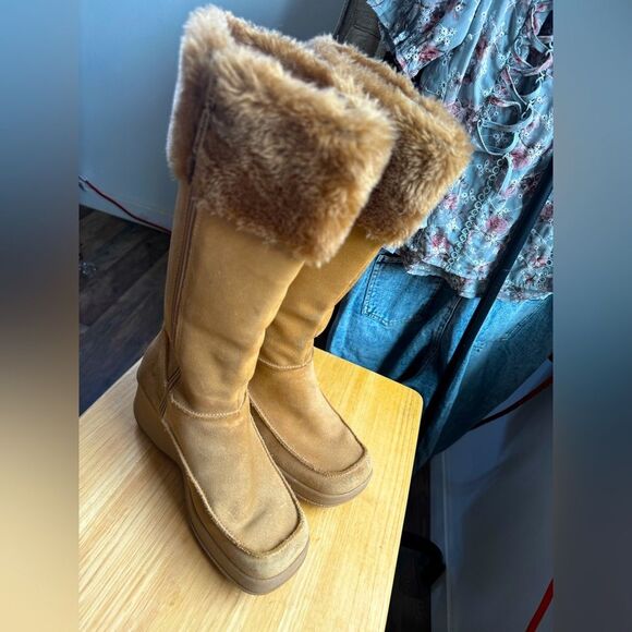 Vintage Y2K sketcher tan suede platform boots square toe with faux fur size 7.5 - Picture 1 of 8